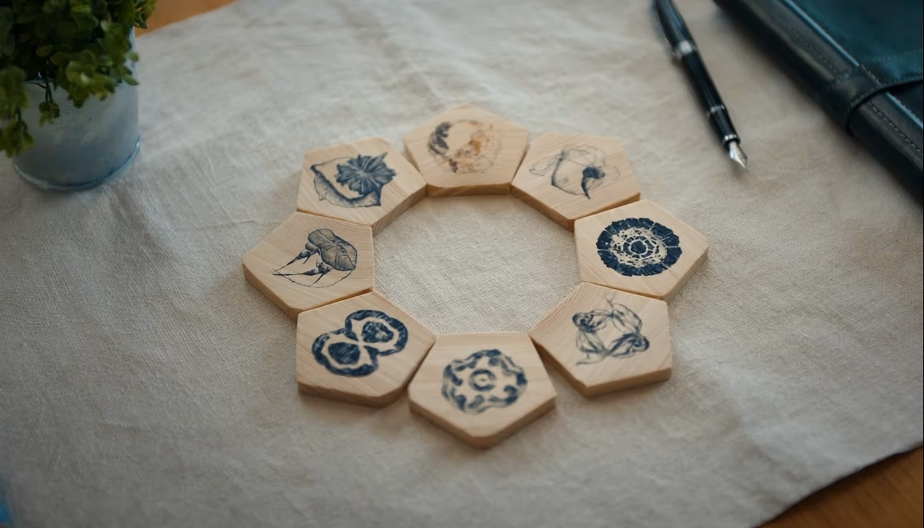 Wooden tiles in hexagonal pattern with sustainability symbols beside potted plant and notebook