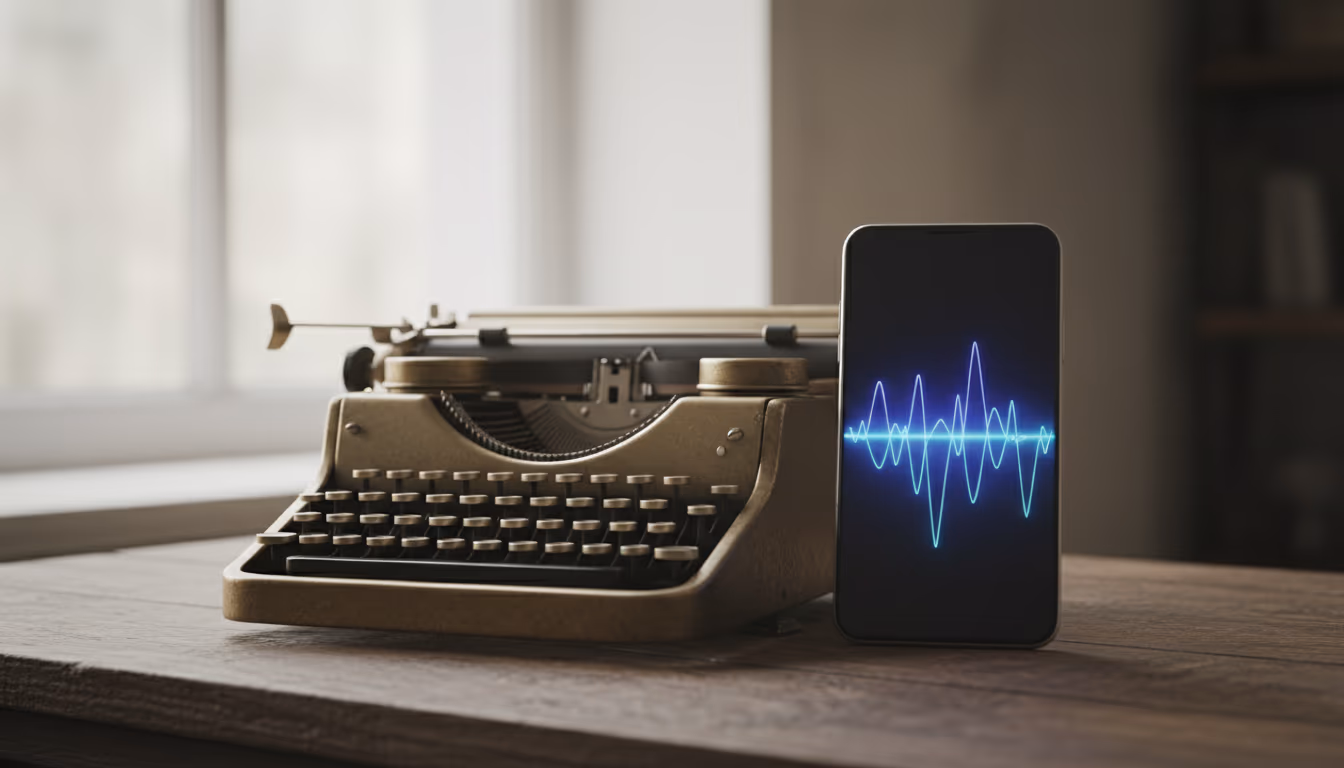 Editorial blend of vintage typewriter and modern smartphone showing AI interface