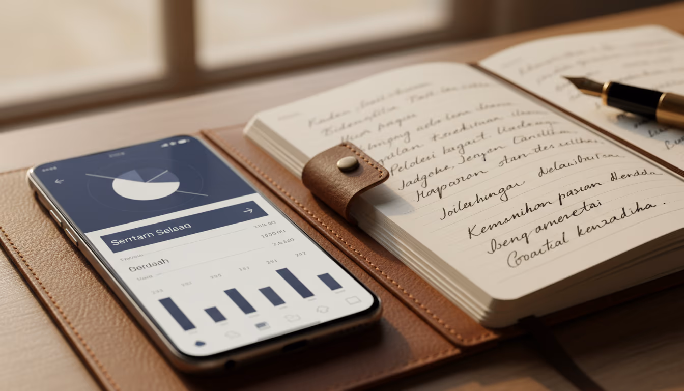 Smartphone dashboard with handwritten Indonesian terms in leather notebook
