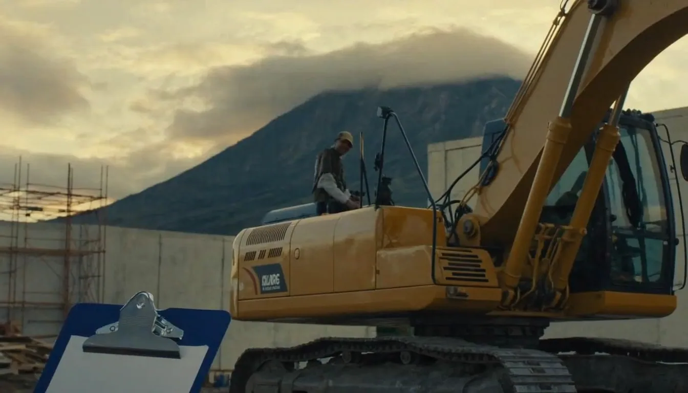 Editorial wide-shot of yellow excavator at construction site at golden hour