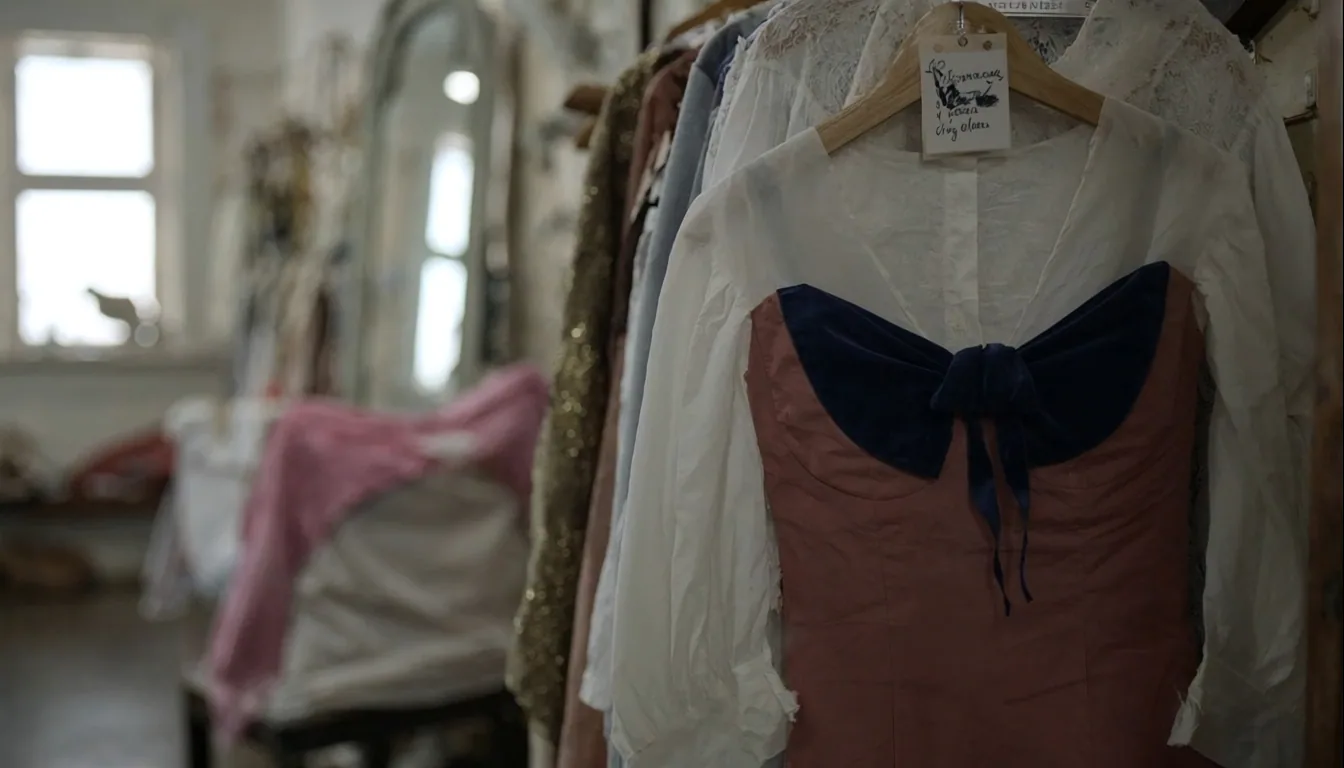 Editorial wide-shot of vintage costumes on wooden rack in clean atelier