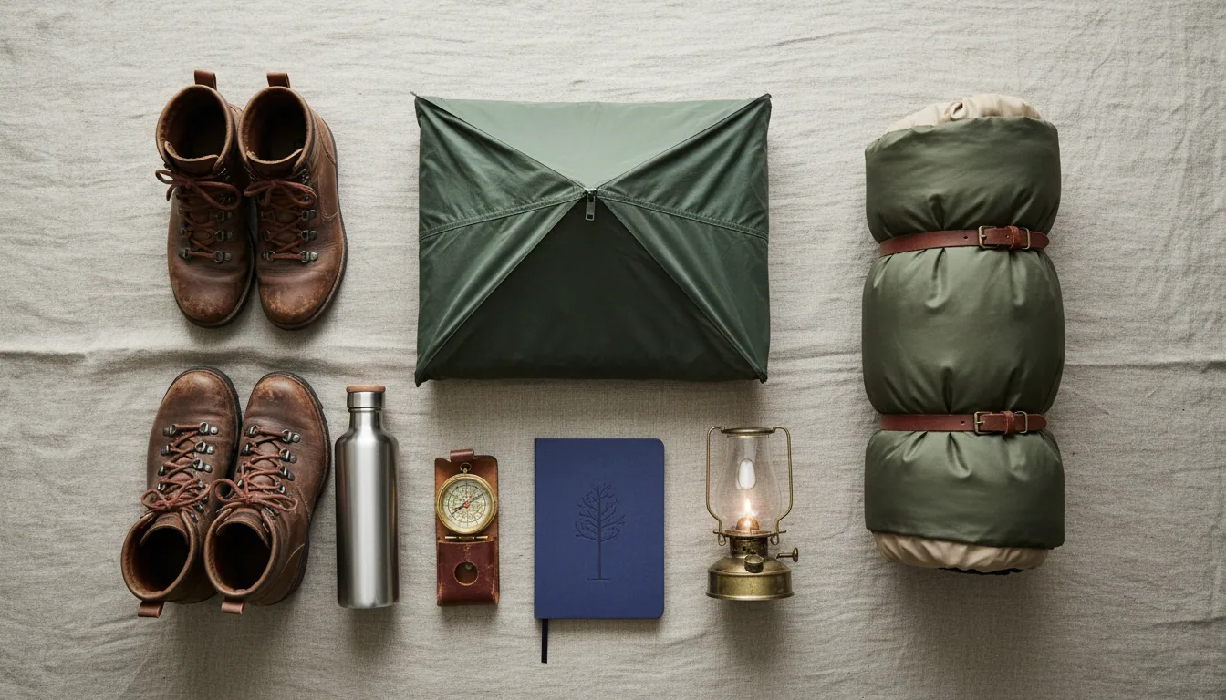 Editorial overhead flat-lay of camping equipment arranged on linen surface