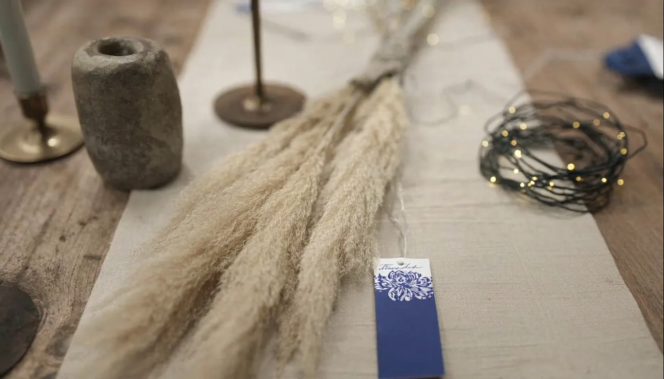 Editorial overhead flat-lay of event decoration items: pampas, candles, fairy lights