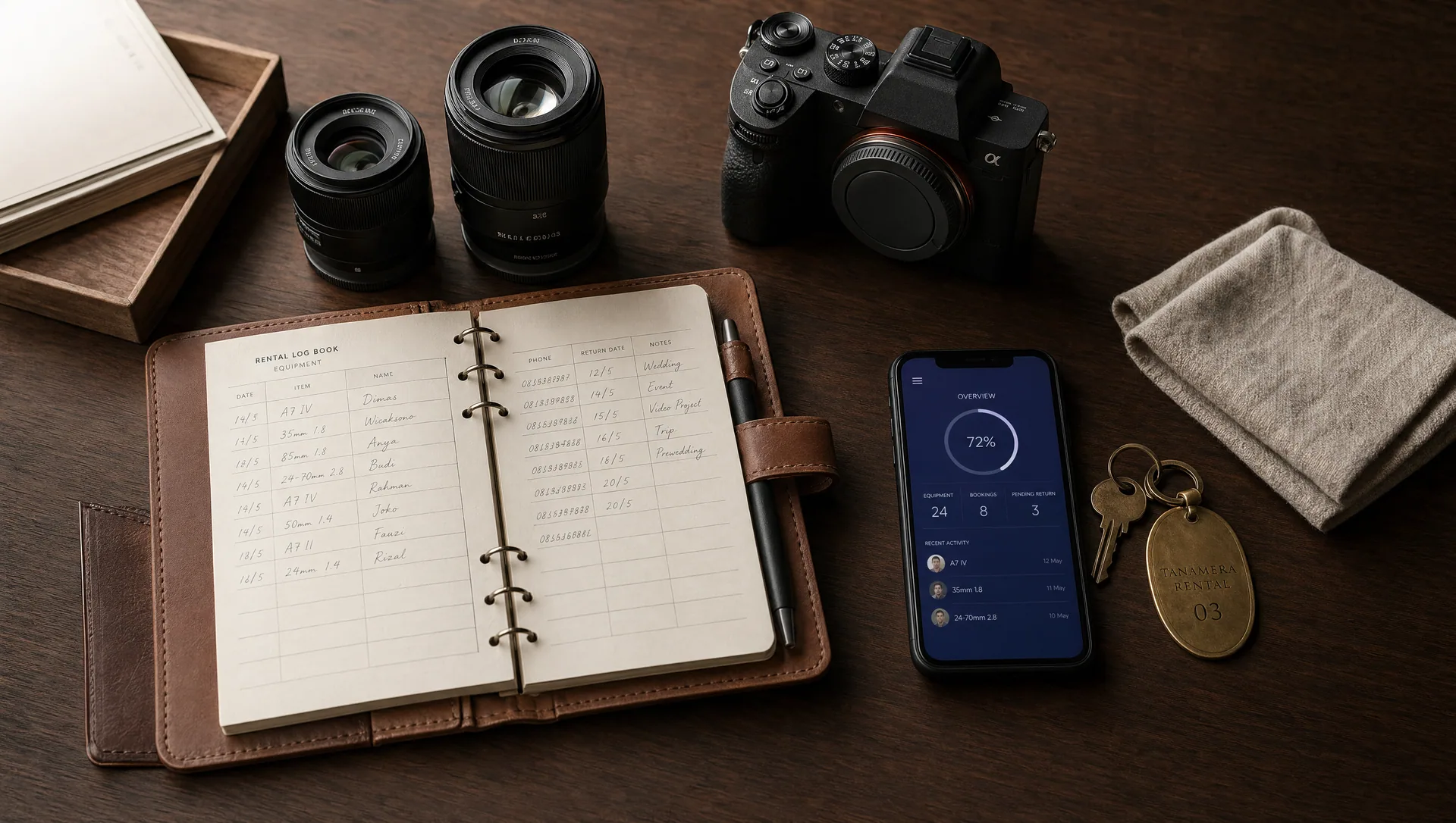 Editorial flat-lay of a camera rental shop counter with cameras, lenses, and rental log book