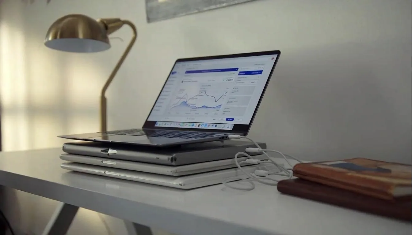 Editorial close-up of three stacked laptops with leather notebook and desk lamp