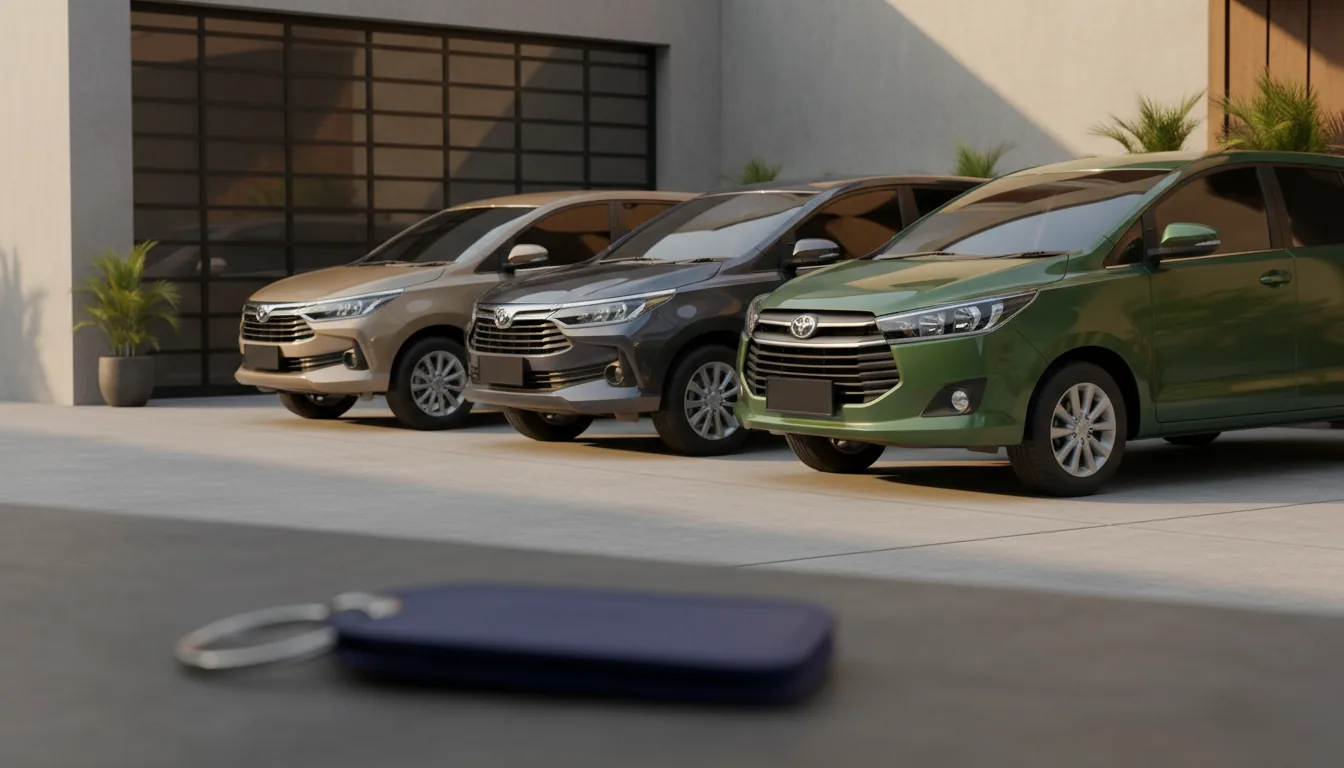 Editorial wide-shot of three Indonesian rental cars at golden hour