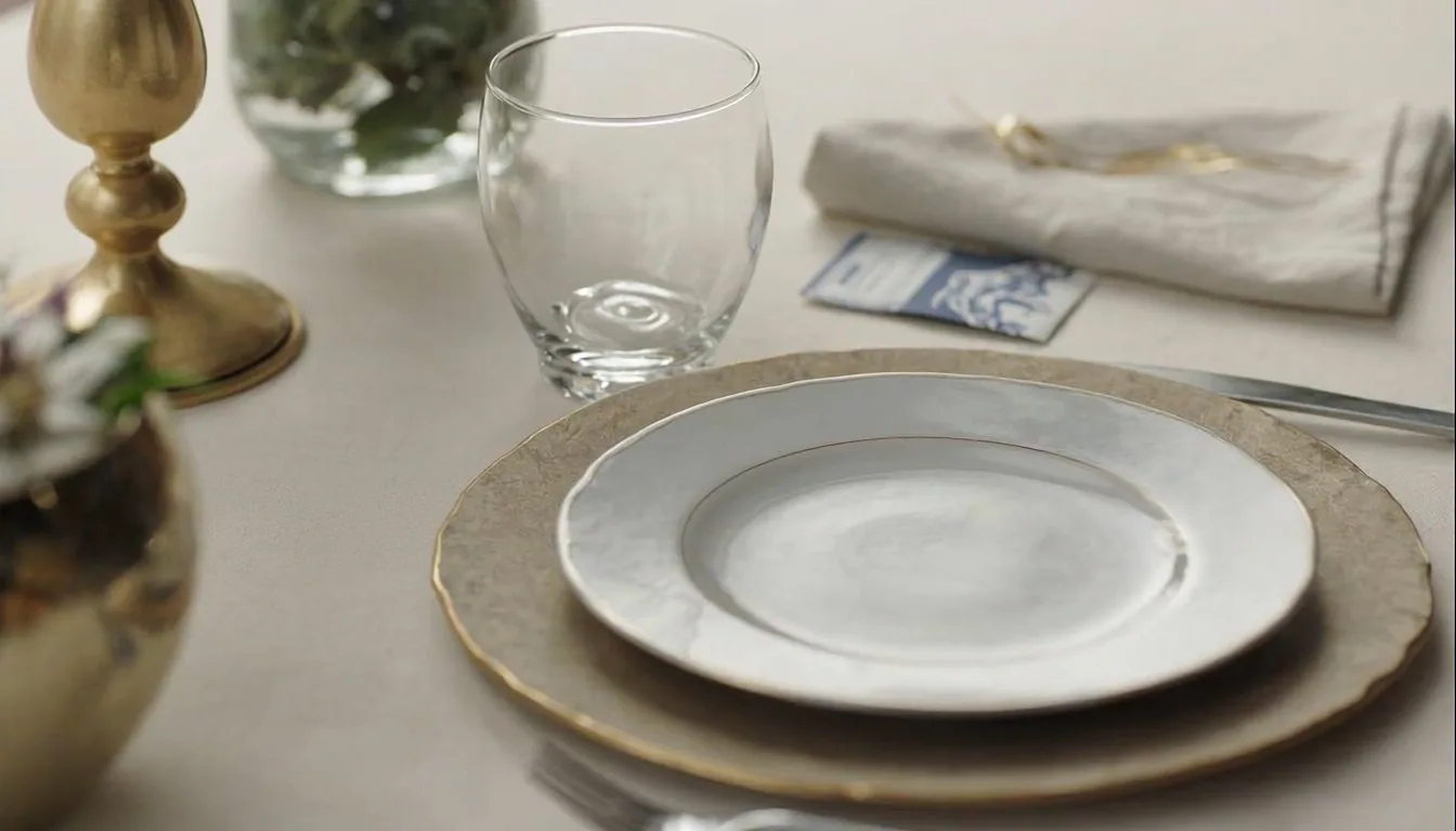 Editorial overhead flat-lay of party rental items: gold-rimmed plates and goblet