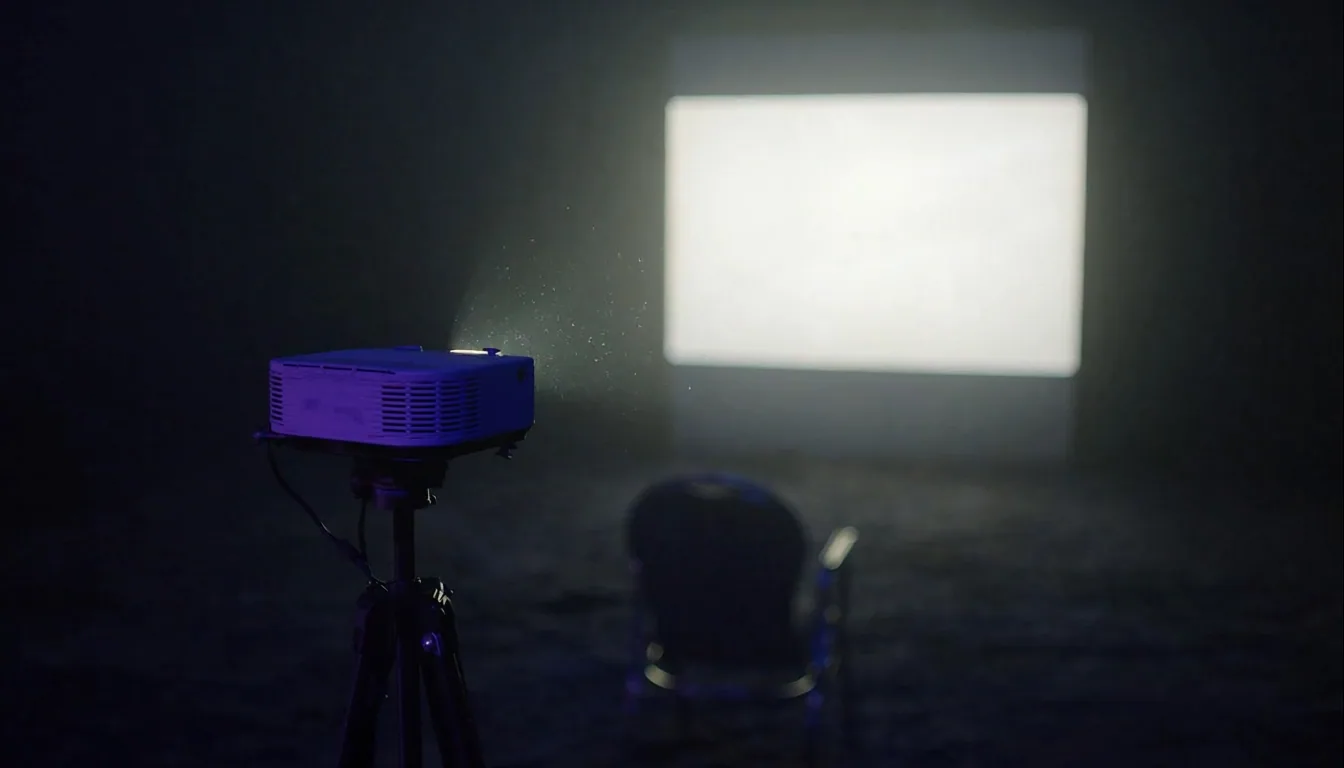 Editorial wide-shot of projector casting beam onto white screen in conference space