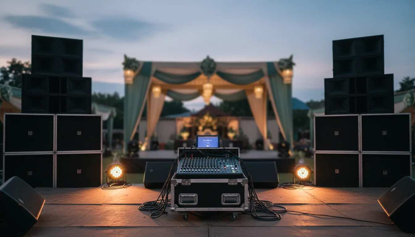 Editorial wide-shot of sound system speakers and mixer at dusk before event