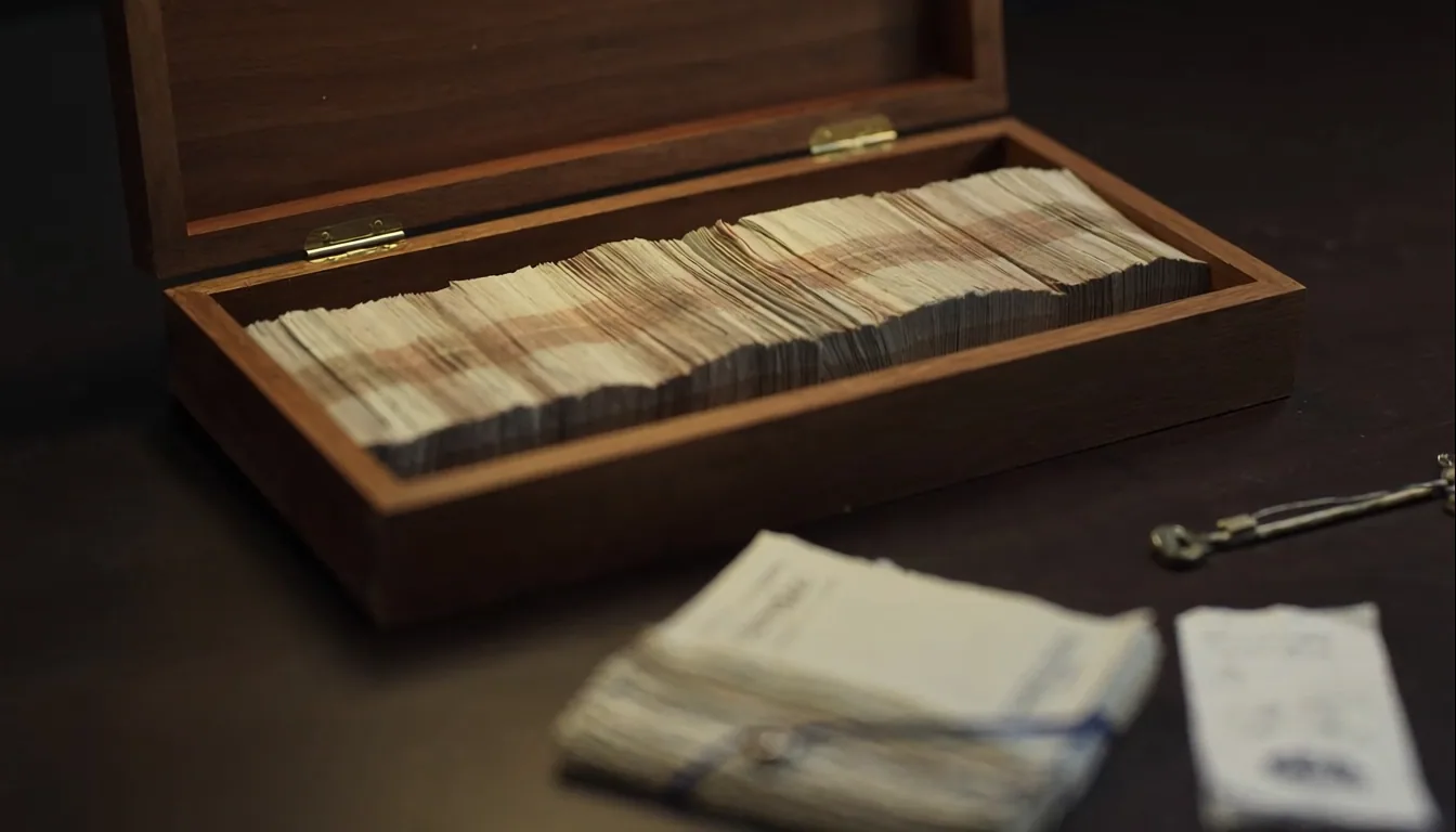 Editorial close-up of wooden cash box with stacked Indonesian currency