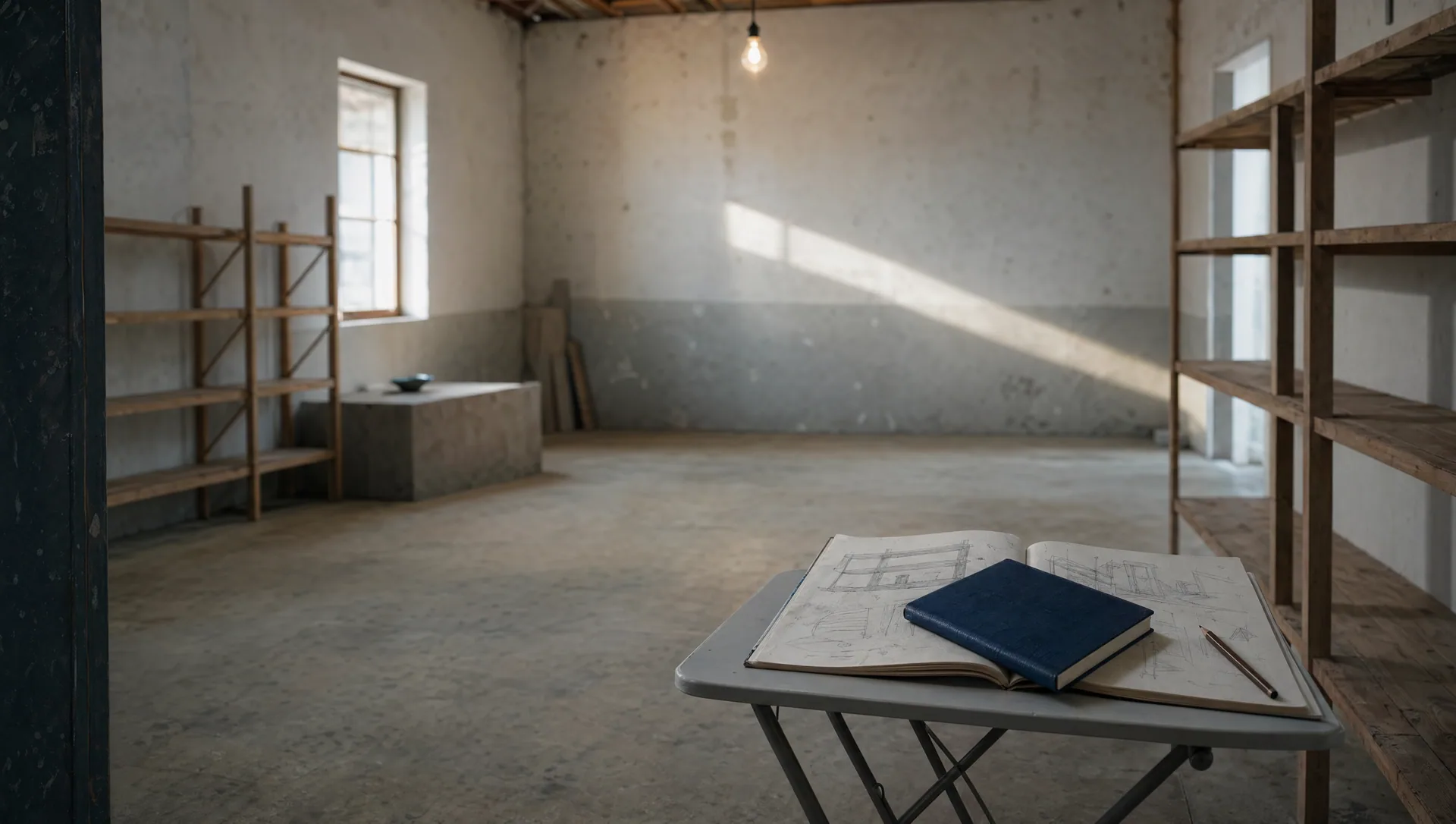 Editorial wide-shot of empty warehouse with bare wooden shelves and sketchbook