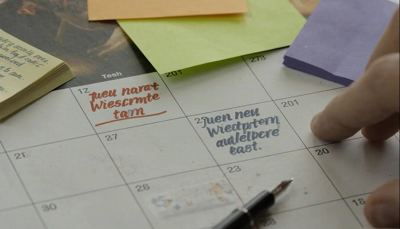 Editorial close-up of desk calendar with conflicting highlighted dates