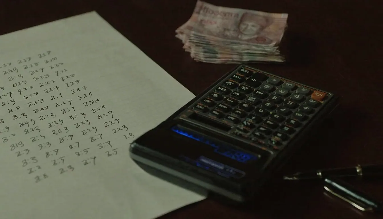 Editorial overhead of vintage calculator, rupiah notes, and graph paper