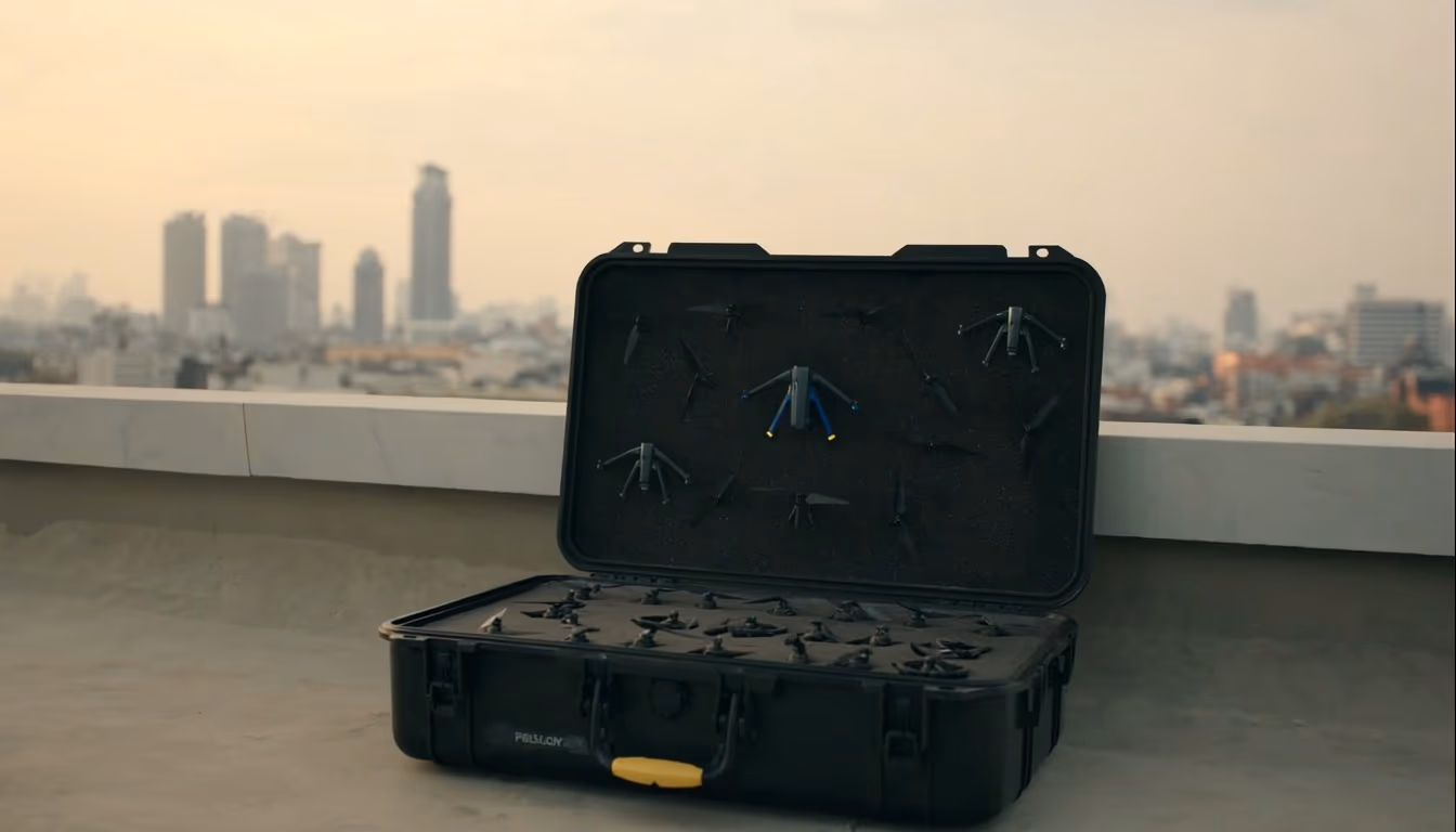 Fleet of professional drones in hard case on Surabaya rooftop at golden hour