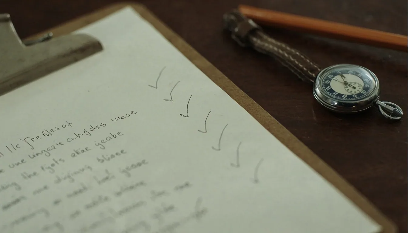 Editorial close-up of clipboard checklist with vintage stopwatch
