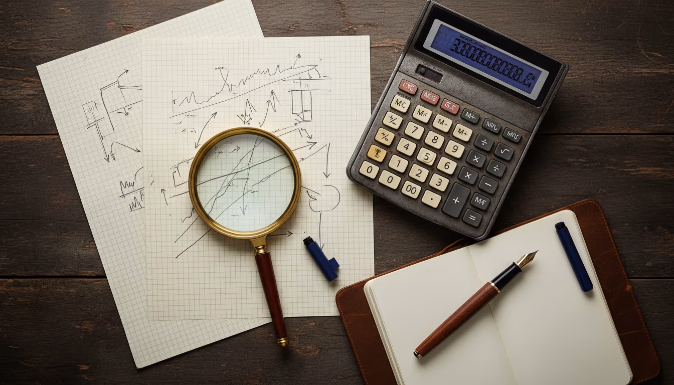 Analytical chart sketches with magnifying glass and calculator