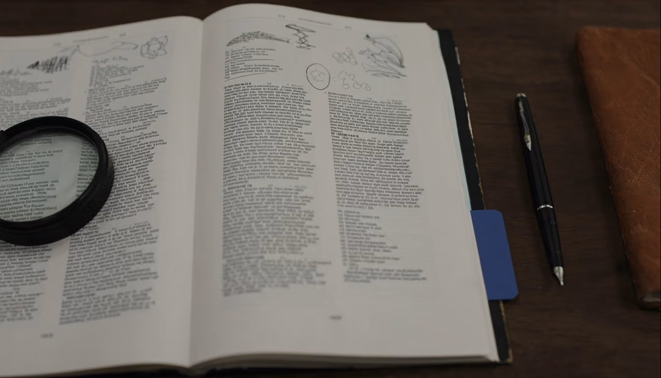 Open dictionary book with magnifying glass and fountain pen
