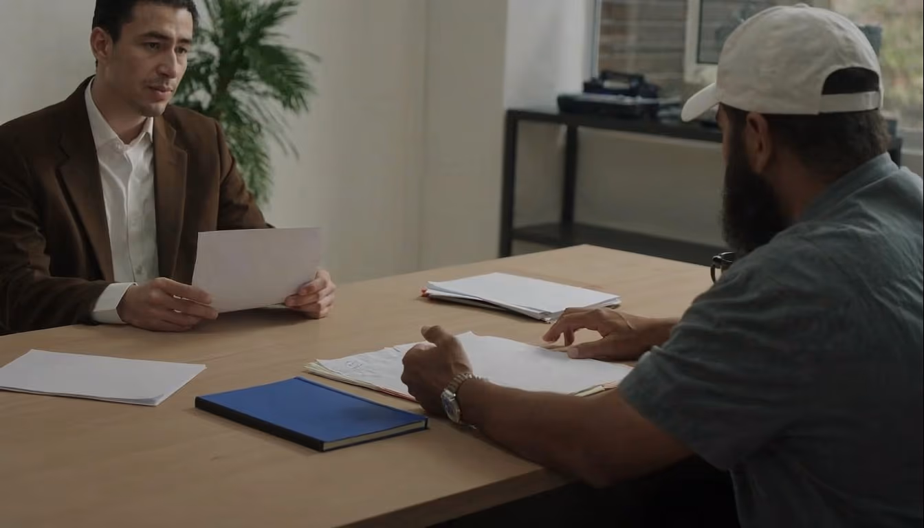 Casual interview setting with two professionals at modest office