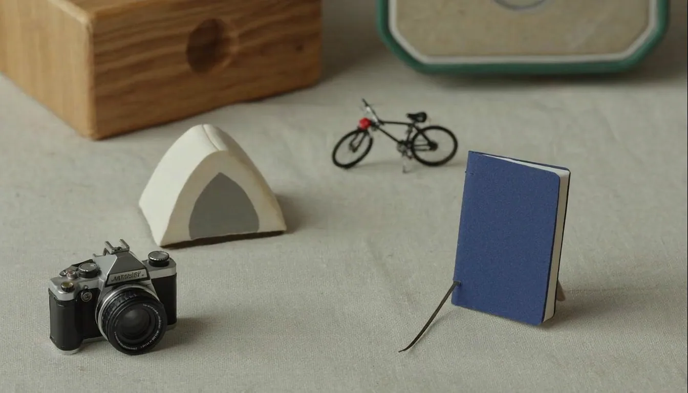 Editorial overhead flat-lay of curated rental item miniatures arrangement