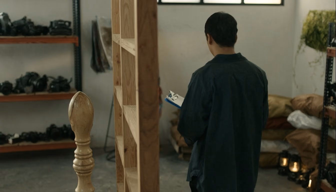 Rental warehouse with two distinct sections: cameras and camping gear, with owner checking clipboard