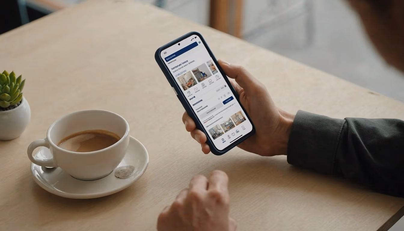 Young Indonesian person holding smartphone with rental marketplace UI in cafe