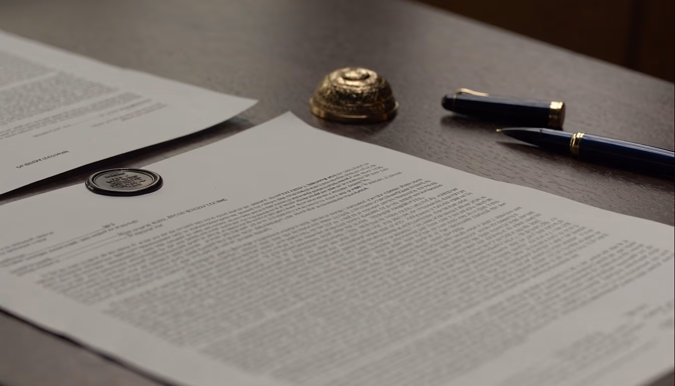 Corporate contract documents with fountain pens and brass paperweight