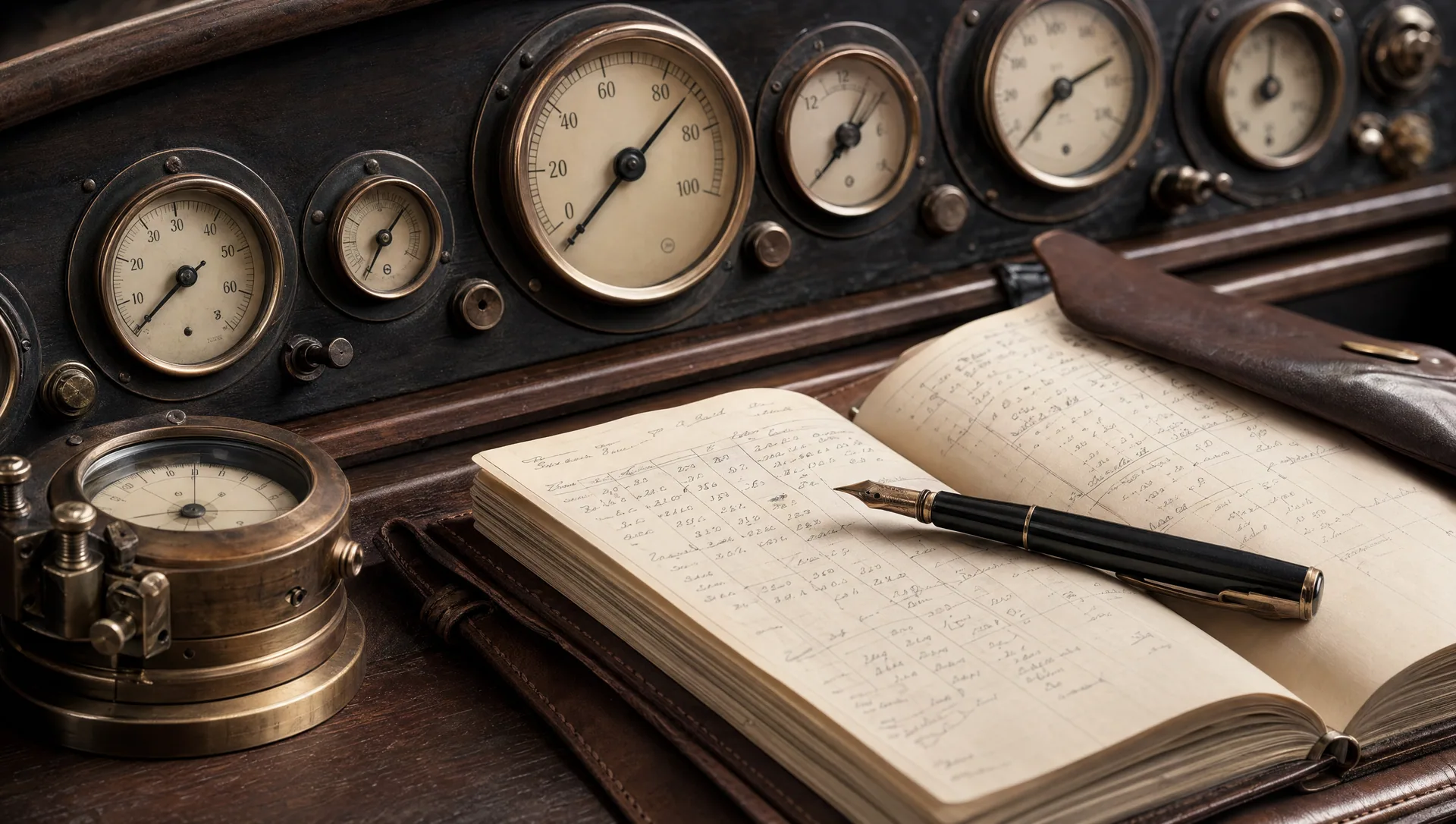 Editorial close-up of analog dashboard with vintage gauges and dials
