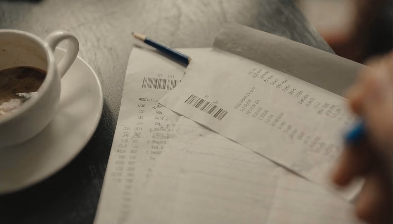 Broken pencil and scattered receipts with half-empty coffee cup