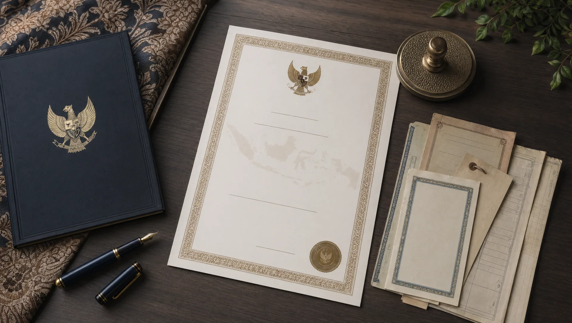 Editorial overhead of Indonesian business license documents and fountain pen