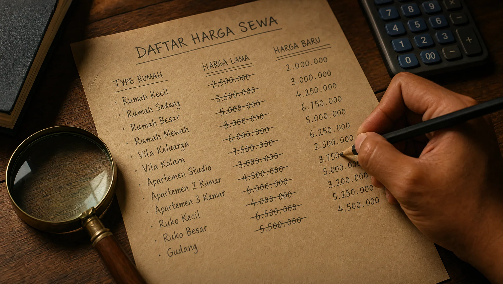 Editorial close-up of rental price tag list being adjusted with pencil