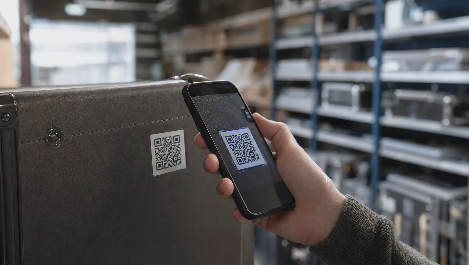 Editorial macro of hand scanning QR code on equipment case with smartphone