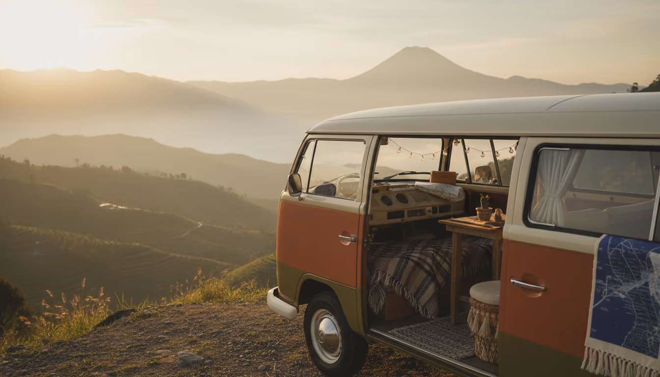 Vintage campervan parked at Indonesian mountain lookout at golden hour