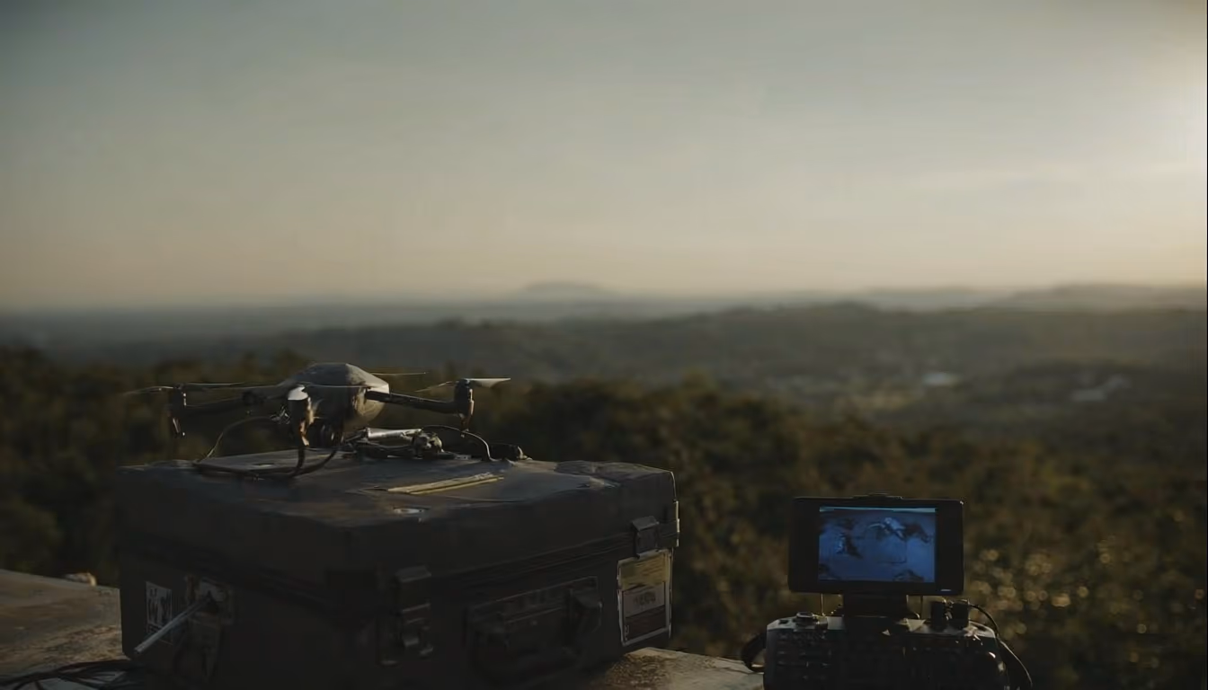 Drone on transport case at outdoor location during golden hour