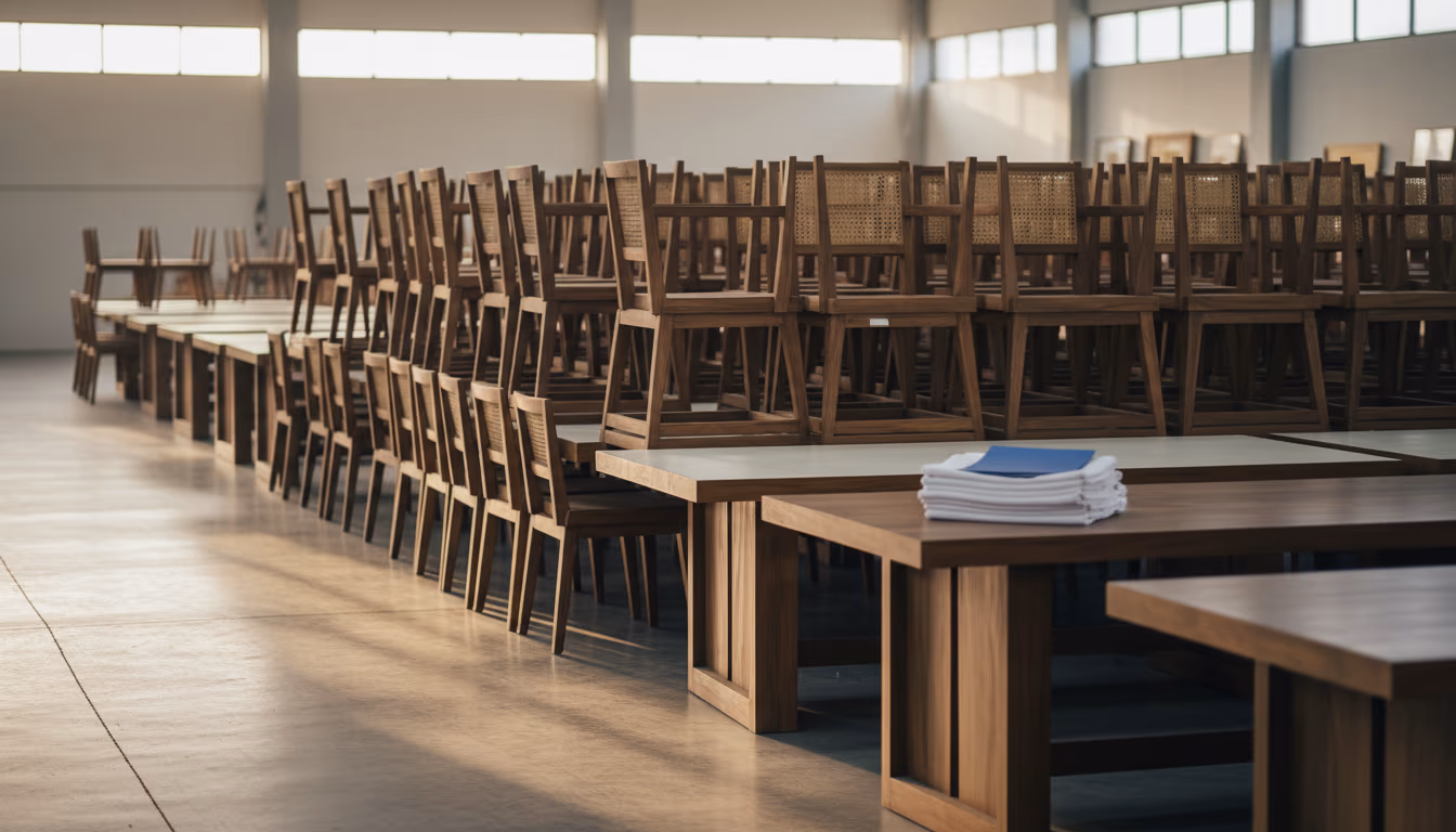 Clean Indonesian furniture rental warehouse with chairs and tables stacked