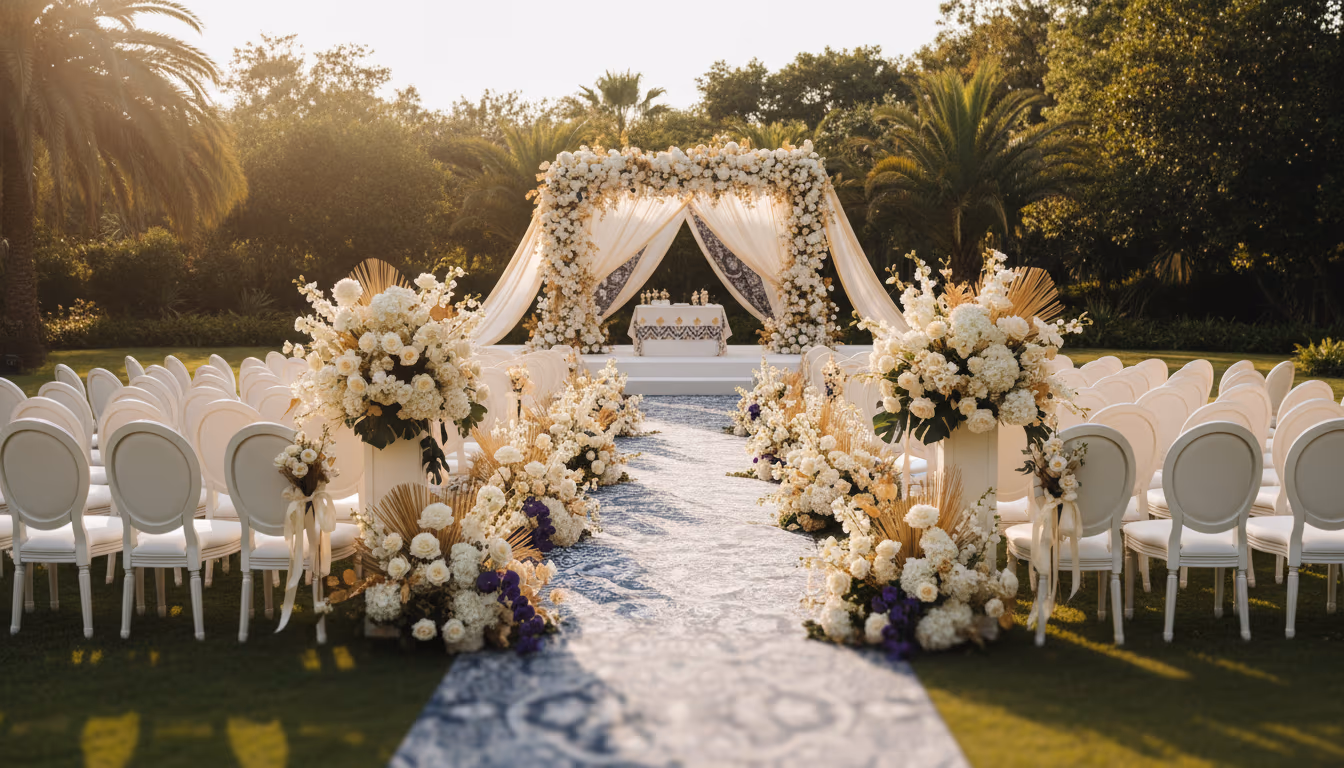 Elegant Indonesian wedding setup with rows of white chairs and floral arrangements