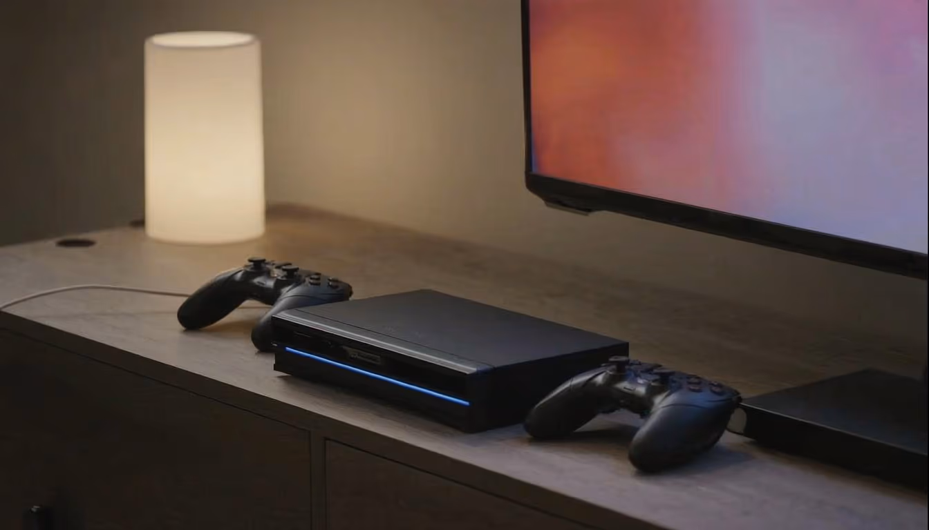 Modern minimalist game console setup with two controllers on wooden console