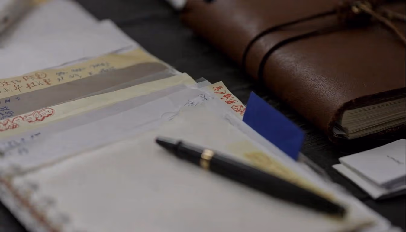 Organized binders with handwritten dividers and fountain pen