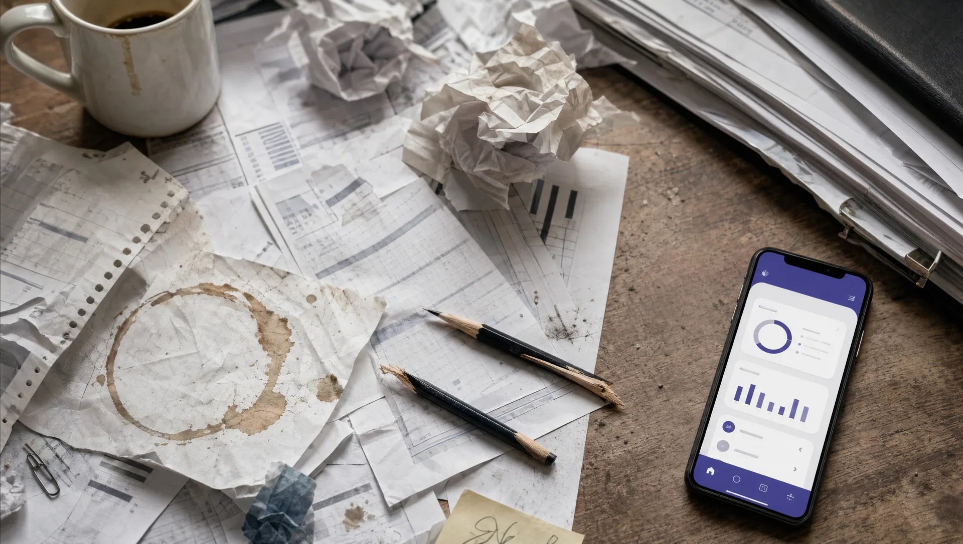 Editorial overhead contrasting messy spreadsheets versus clean smartphone dashboard