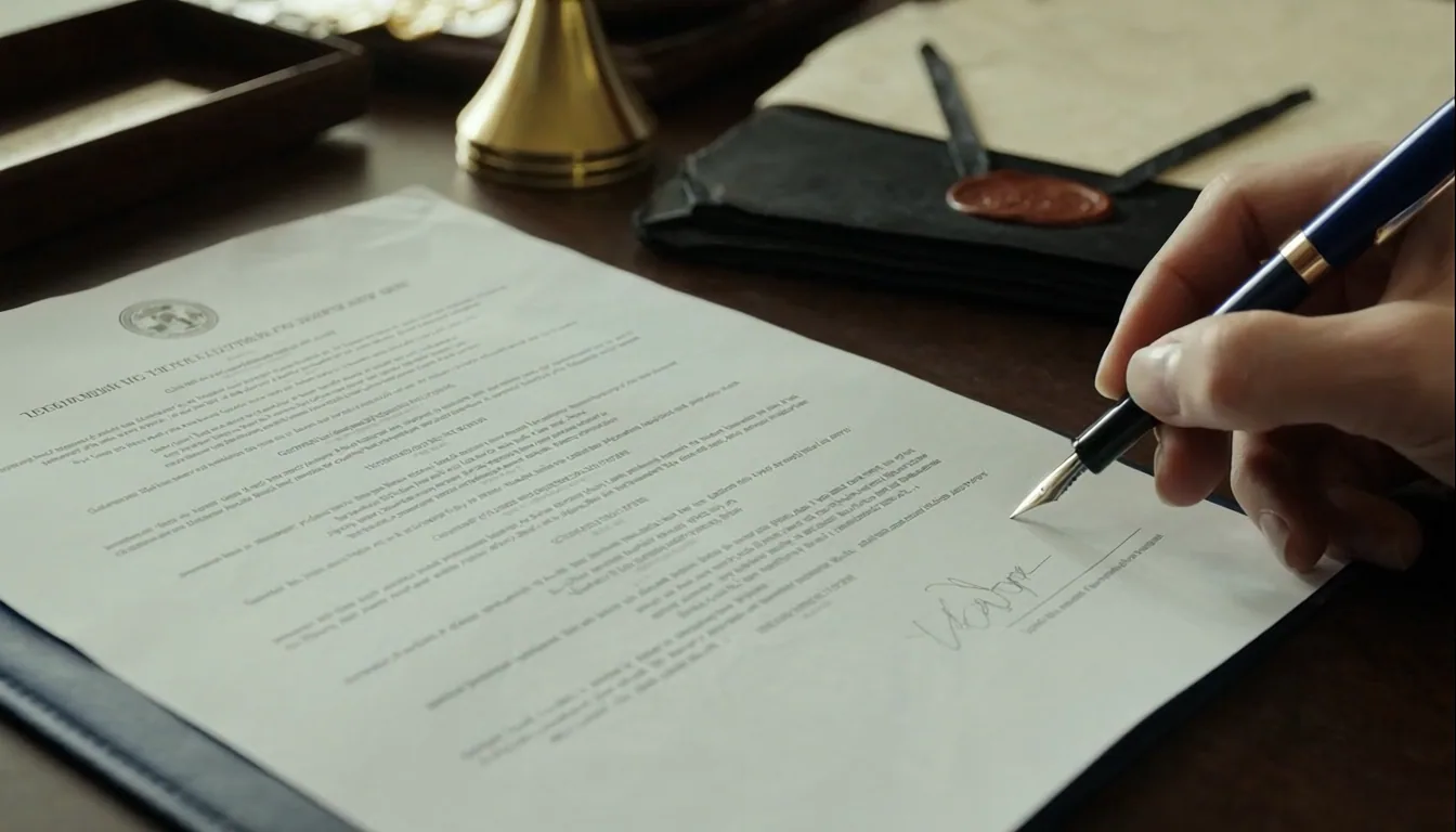 Editorial close-up of rental agreement document with fountain pen ready to sign