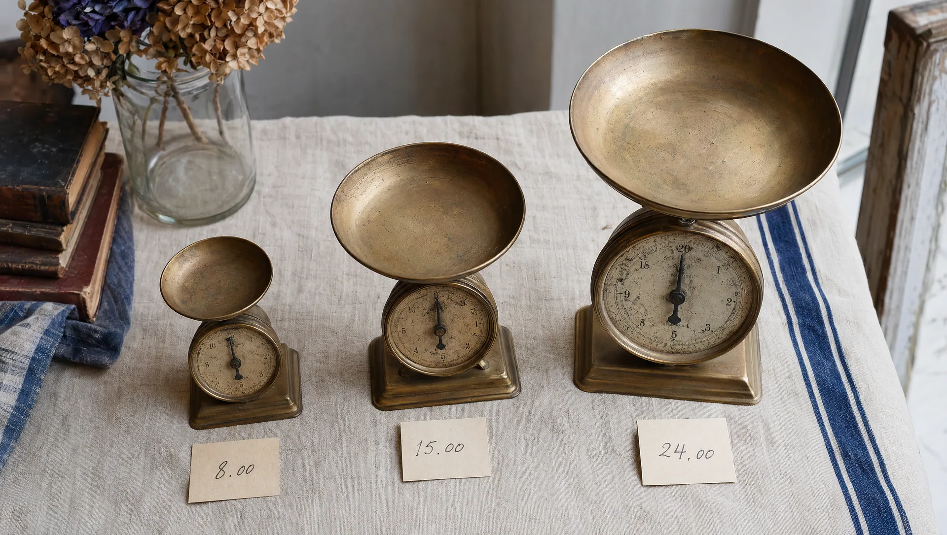 Editorial overhead of three vintage scales arranged in ascending order